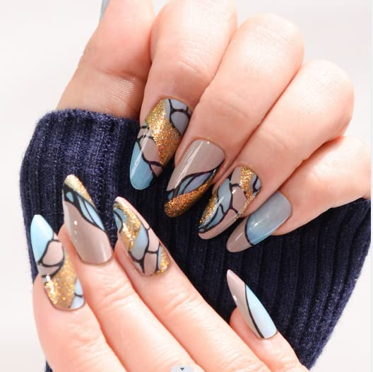 Aeeo Almond Press on Nails Short Oval Fake Nails Line Art False Nails with Design Blue Acrylic Nails with Glue Gold Artificial Stick on Nails for Women