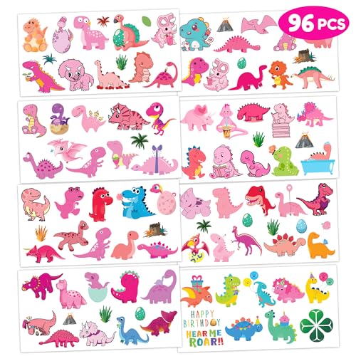 Generic Pink Dinosaur Temporary Tattoos Birthday Party Supplies Favors Decorations Super Cute 96PCS Fake Tattoos Stickers for Boys Girls School Classroom Rewards Gifts Ideal Halloween