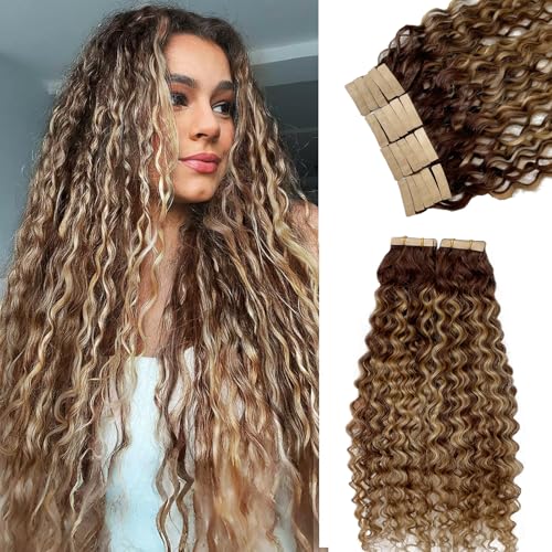 Water Wave Tape in Hair Extensions Strawberry Blonde Ombre Remy Thick Tape ins Human Hair Extensions Seamless Invisible Double Sided Skin Weft Curly Wavy Tape ins 22in 50Grams Add Volume