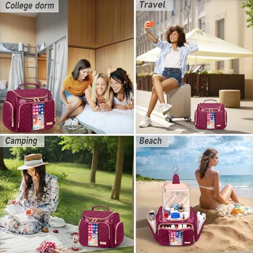 Tealari Wine Red Large Toiletry Bag for Travel, Water-Resistant Shower Caddy with Transparent Phone Pocket