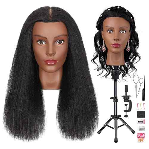 18'' Firstwon Mannequin Head Human Hair with 100% Real Hair Cosmetology Manikin Doll Head for Hair Styling Mannequin Head for Braiding with Table Clamp Stand and Tools(18Inch-Tripod)