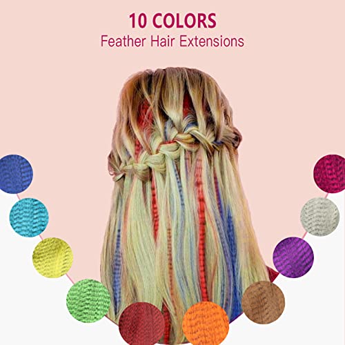 Hair Feathers Extensions Kit 50 Strands 16 Inches Colored Synthetic Polyester Fiber Wig Straight & Rooster & Peacock Feather Earrings with Simple Tools for Women Girls Christmas Party Hair Accessories