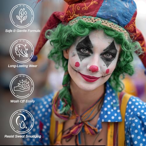 Clown Makeup Kit, Includes Red, Black & White Water Based Face Paint with 3 Face Paint Brushes & Temporary Green Hair Color Wax for Halloween Clown Makeup Costume & Cosplay