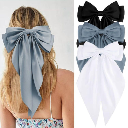 Velscrun Hair Bows for Women Girls 3Pcs White Silky Satin Large Hair Bow Blue Coquette Bow Navy Blue Big Bows Hair Clip Oversized Hair Ribbons Long Tail Hair Bow Hair Barrettes Hair Accessories Gifts