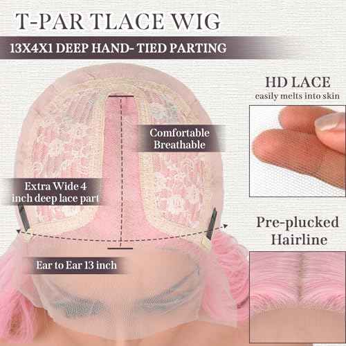 Pink Wig 26 inch Long Wavy Pink Wigs for Women, 13X4X1 HD T-part Synthetic Lace Front Wig Natural Looking As Human Hair Middle Part Pre Plucked Glueless Wigs for Daily Party Cosplay Use (T2313#)