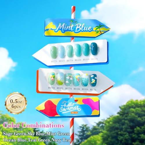 Double Rhythm Gel Nail Polish Set - 6pcs Pale Green Mint Blue Teal, 0.5oz, Soak Off, Natural & Non-Toxic