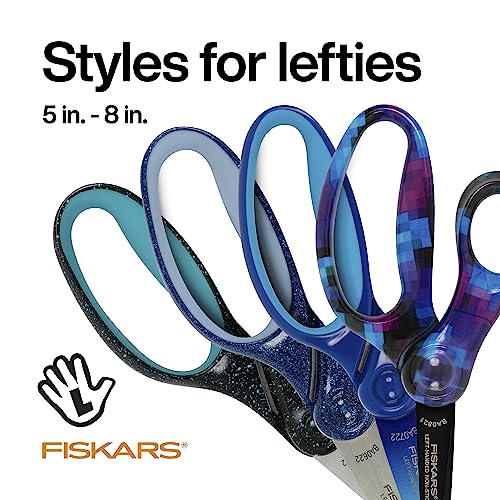 Fiskars 7" SoftGrip Left-Handed Student Glitter Scissors for Kids Ages 12-14, Left-Handed Scissors for School or Crafting, Back to School Supplies, Blue Glitter