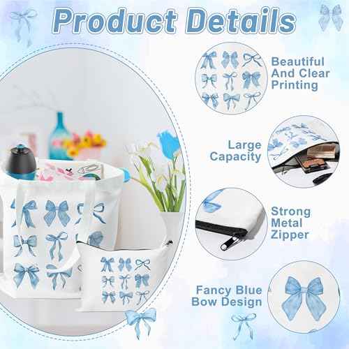 Y1tvei Blue Bows Canvas Bags - 2Pcs Cute Blue Coquette Aesthetic Tote Bag with Inner Pocket, Reusable Grocery Folding Shopping Bag, Bow Knot Zipper Makeup Pouch Gifts for Women Girls Daughter Mother