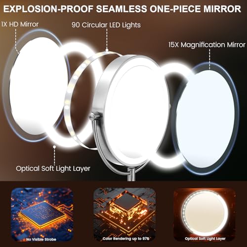 VESAUR 1X15X HD Lighted Makeup Mirror, 9" Large 5000mAh Rechargeable Double Sided Magnifying Mirror with 3 Touch Dimmable Light, 360¡ÆRotation Detachable for Travel Vanity Mirror, Pearl Nickel, Gifts