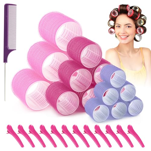 31PCS Heatless Hair Rollers Set, Self Grip Curlers for Long, Medium & Short Hair, 3 Sizes of Large Velcro Rollers in Purple, Rose Red & Pink