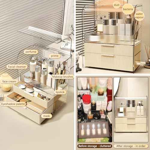 DASITON Cream Cover Dustproof Three layers Storage Box,Makeup Brush Holder,Large Capacity Desktop Storage Box with Drawer,for Beauty Products,Perfume,Jewelry,Nail Polish