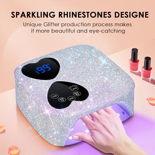 UV LED Nail Lamp Cordless, HUITINE 80W Rechargeable UV Light for Gel Nails, Professional Gel Light Dryer with 5 Timers & Mirror Base, Sparkling Rhinestones Diamond Curing Lamp for Salon & Home