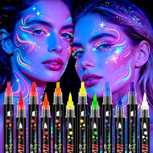 12-Color UV Body Paint Pens - Dual Tip Fluorescent Markers
