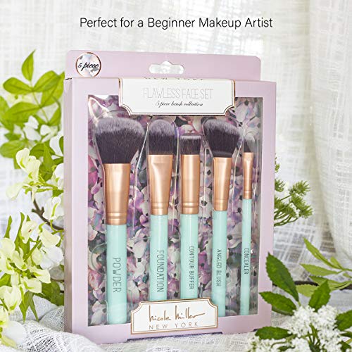 Nicole Miller Makeup Brush Collection, 5 Piece Makeup Brush Gift Set, Powder Brush, Foundation Brush, Concealer Brush, Angled Blush Brush and Contour Buffer (Green)