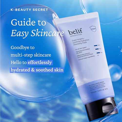 belif Super Knights - Soothing Hydration Cleansing Mask, 3-in-1 Facial Mask & Cleanser with Hyaluronic Acid, Squalane, Madecassoside | For Dry and Sensitive Skin | Korean Skincare (5.0 fl. oz)