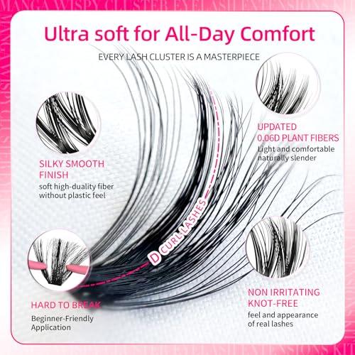Lash Clusters Kit, 392pcs 150D Natural Fluffy D Curl Lashes Clusters 10-18mm Individual DIY Manga Wispy Cluster Eyelash Extensions Kit Fairy Flora Eyelashes with Bond Seal Tweezers Brush Remover