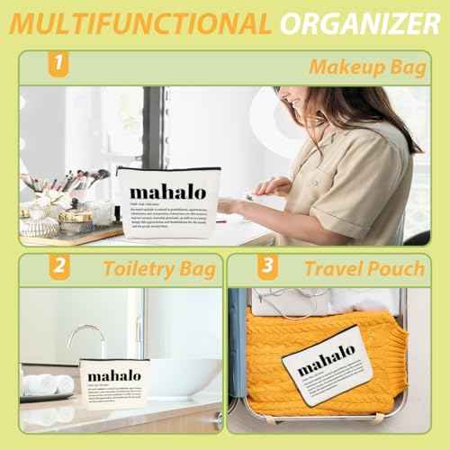 Christmas Thank You Gifts Mahalo Definition Inspirational Makeup Bag Hawaii Cosmetic Bag Hawaiian Gifts Hawaiian souvenirs for Women Female Grandma Mom Sister Friend Wife Travel Toiletry Bag Birthday