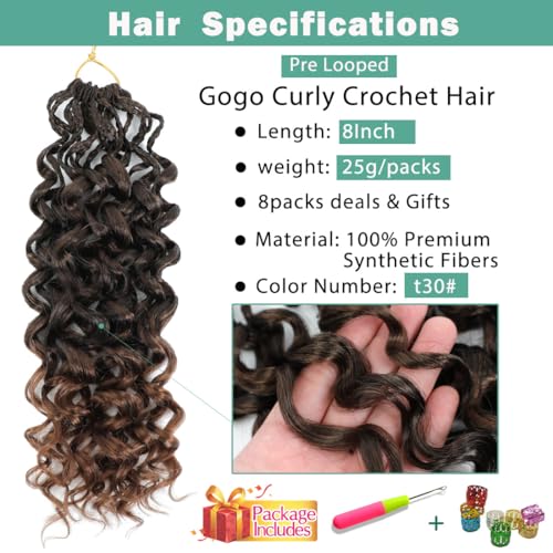 Agstgla 8 Inch T30 Pre Looped Curly Crochet Hair Extensions - 8 Pack, Beach Wave Synthetic Braiding Hair