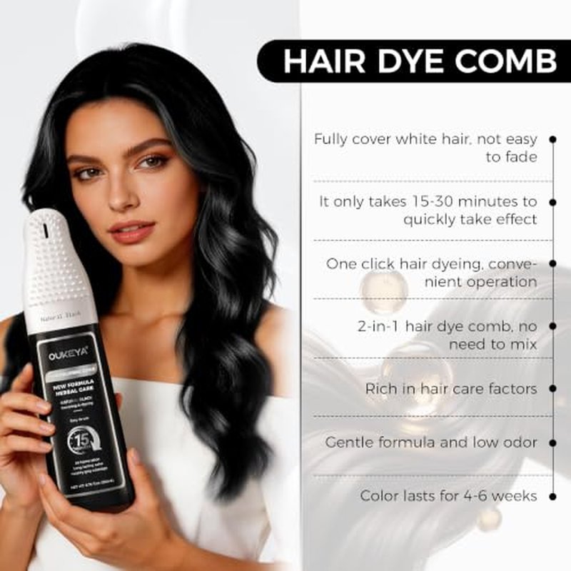 2-in-1 Black Hair Dye Comb, No-Mix Gray Coverage
