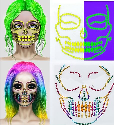 Sugar Skull Face Gems Rhinestone Temporary Tattoos - 2 Pack