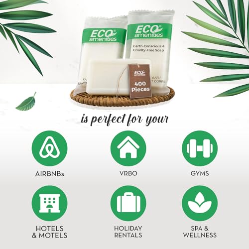 ECO Amenities Travel Size Bar Soap - 400 PACK, 0.5 oz Mini Soap Bars, Hotel Soap Bars, Travel Size Toiletries - Individually Wrapped Bulk Soap Bar, Small Hotel Soaps for BNBs, VRBO, Inns and Hotels