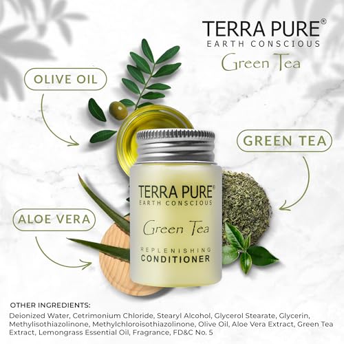 Travel Size Hotel Conditioner 20 Count 1 oz Bottles Guest Amenities for Hotels Vacation Rentals and Short Term Rentals Paraben Free Green Tea Scent Infused with Aloe and Olive Oil by Terra Pure