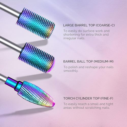 7Pcs Nail Drill Bits Set for Acrylic Nails - Tungsten Carbide & Diamond Cuticle Bits with Safety Round Top, 3/32" Professional Nail Tech Kit for Gel Removal, Beginner Friendly Manicure Pedicure Tools