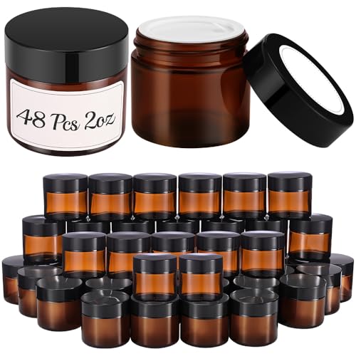 Amber Glass Jars with Black Lids 2 oz, 48 Pack - Small Storage Containers