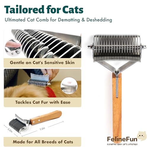 FelineFun Cat Grooming Brush for Dematting & Shedding - 2-in-1 Undercoat Rake for Long & Indoor Cats