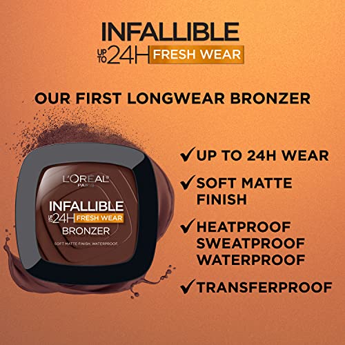 L'Oreal Paris Infallible Up to 24H Fresh Wear Soft Matte Longwear Bronzer. Waterproof, heatproof, Transfer, humidity and sweatproof, Light Medium, 0.31 oz