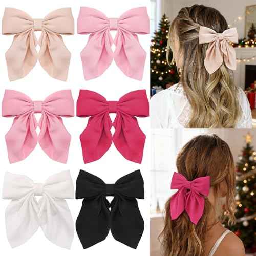 6Pcs Hair Bows for Women, Bow Hair Clips, Silky Satin Hair Bows for Girls, Pink Hair Ribbon, Cute Bow Clips for Women, Hair Accessories Chirstmas Gifts