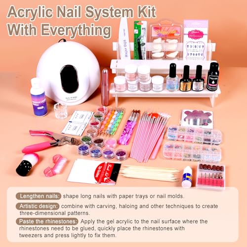 Acrylic Nail Kit Set for Beginners with Everything Acrylic Powder Nail Drill Lamp Starter Kit with False Nail Tips Nail Art Decoration Tools for Home Salon Gifts