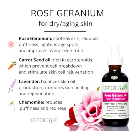 kosmatology Rose Geranium Organic Facial Moisturizer | Anti-Aging Hydration for Dry & Sensitive Skin | Vegan & Cruelty-Free | 2 fl oz