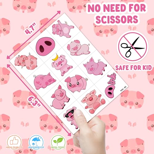 96 PCS Pre-Cut Pig Temporary Tattoos for Kids