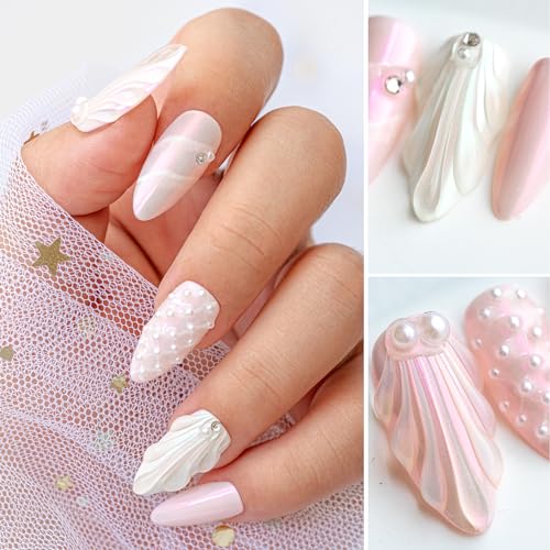 Sun&Beam Nails Handmade Press On Nail Medium Long Almond Oval Pink White Pearl Shell Fake Tip 3D Design Art Charms Cute with Storage Box 10 Pcs (PinkS)