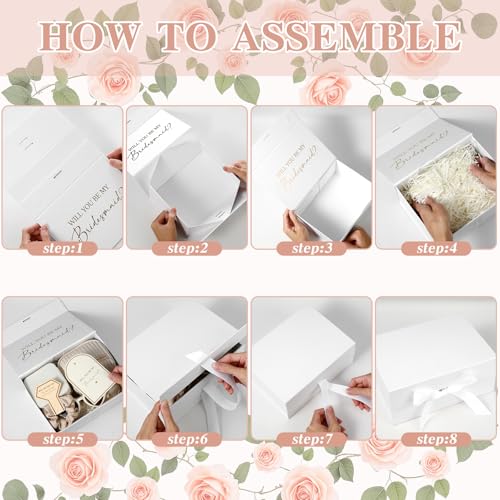 43 Pcs Bridesmaid Proposal Gifts Set of 6 Bridesmaid Boxes Bulk Will You Be My Maid of Honor Gift with Makeup Bag Case Eye Mask Glasses Hair Scrunchies Gift Box for Wedding Bride Shower(Beige)
