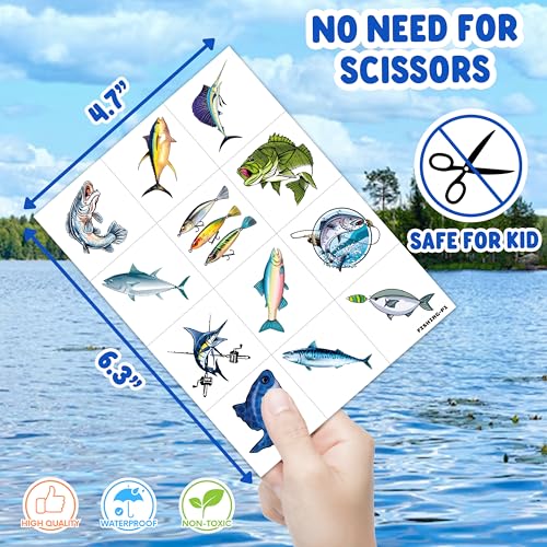 96 Pre-Cut Fishing Temporary Tattoos for Kids Party Favors