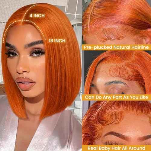Ginger Wig Human Hair 13x4 HD Lace Front Bob Wigs 180% Density Lace Frontal Glueless Wigs Human Hair Pre Plucked Bob Wig 14 Inch Ginger Orange Short Straight Bob Wigs For Black Women