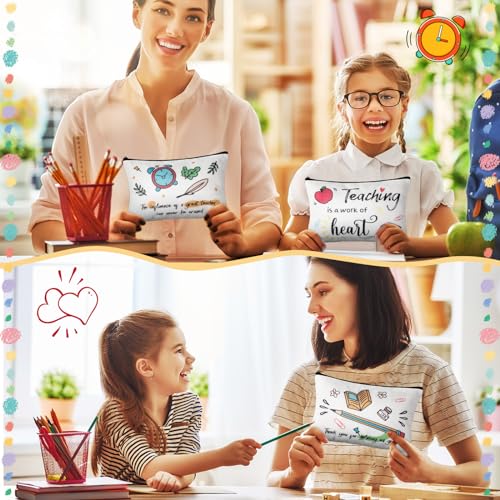 Blosssound 12 Pcs Teacher Appreciation Gift for Women Canvas Tote Bag Thank You Teacher Cosmetic Makeup Bag