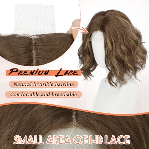 Brown Bob Wig with Lace Front - Short Wavy Synthetic Hair