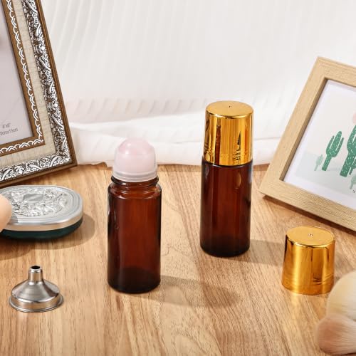 2 Pack 1.7oz Amber Glass Roll-On Bottles with Rose Quartz Roller for Essential Oils & Skincare