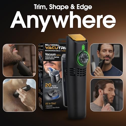 Bell+Howell Vacutrim Deluxe Cordless Mens Beard Trimmer, Rechargeable Electric Shaver with 20 Trim Setting and Built-in Vacuum for Mustache, Sideburns. Facial Hair, Black, 7.5", As Seen On TV