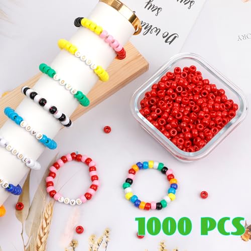 Auvoau 1000Pcs Pony Beads Bracelet 9mm Red Plastic Barrel Pony Beads for Necklace,Hair Beads for Braids for Girls,Key Chain,Jewelry Making (Red)