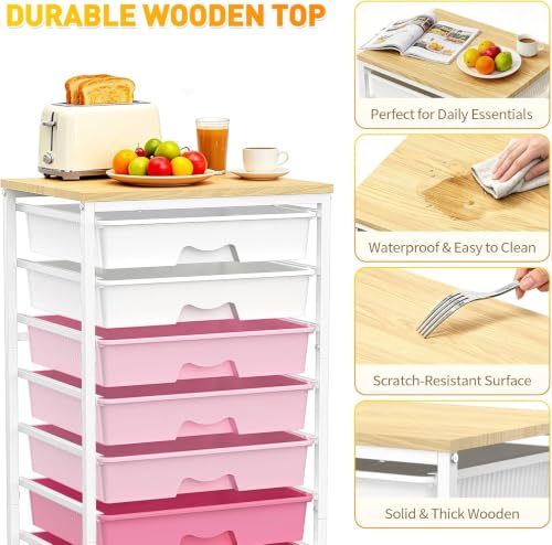 SUNALLY Pink 8-Drawer Rolling Cart with Wooden Top, Anti-Drop Strength, Craft & Office Storage