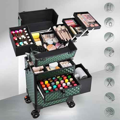 Joligrace Rolling Makeup Case with Wheels & Drawers Large Professional Cosmetology Trolley Case Travel Cosmetic Storage Train Cases for Nail Technicians, Makeup Artist and Hairstylist Dark Green
