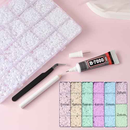 14000 Pcs Flat Back Pearls for Crafting with B7000 Glue White Half Pearl Beads for Jewelry Making Beads for Nails Party Face Clothes Shoe Balloon Birthday Decorations Cup DIY 2/3/4/5/6/8mm