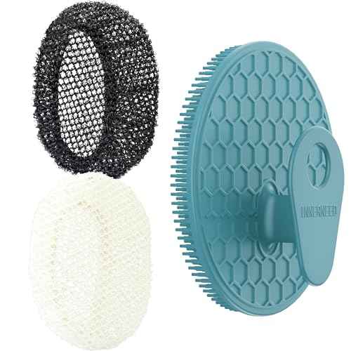 INNERNEED 2 Pieces African Net Sponge Exfoliating Shower Mesh Bath Washcloth Case, with 1 Silicone Body Scrubber Brush (DarkGreen)