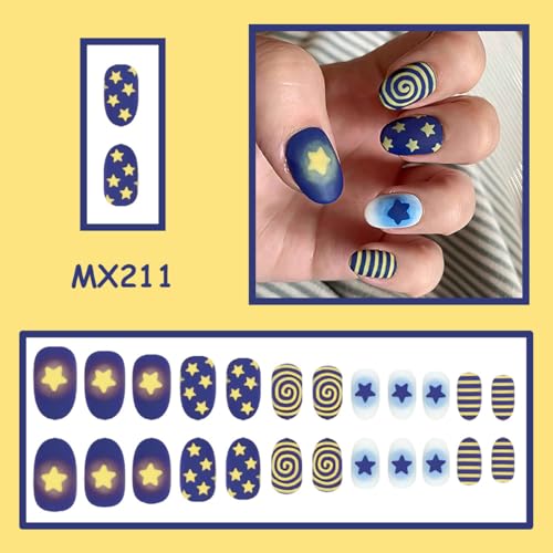 Star Press on Nails Medium Oval Matte 24Pcs Reusable Fake Nails