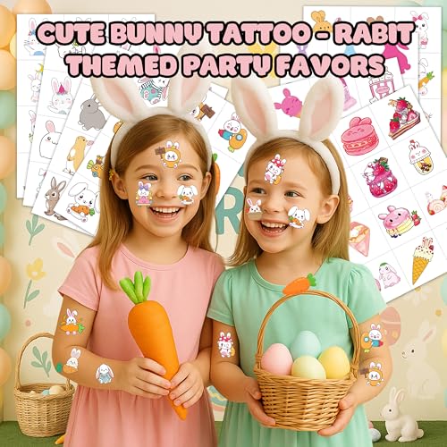 8 Sheets (96PCS) Bunny Pre-Cut Temporary Tattoos for Kids ? Cute Bunny Birthday Party Favors Supplies Decorations, Easter Egg Carrot Tattoo Stickers for Boys and Girls, Classroom Rewards and Prizes