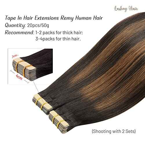 Tape in Hair Extensions Human Hair, 24 inch Natural Black Mixed Chestnut Brown Tape in Human Hair Extensions Lashey Straight Remy Hair Extensions Tape in 20pcs 50g